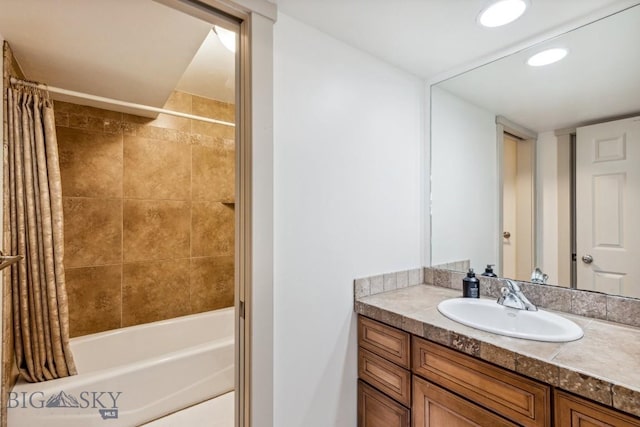 3609 Fieldstone W, Bozeman, MT 59715 - bathroom featuring vanity, shower / bath combination with curtain, and recessed lighting