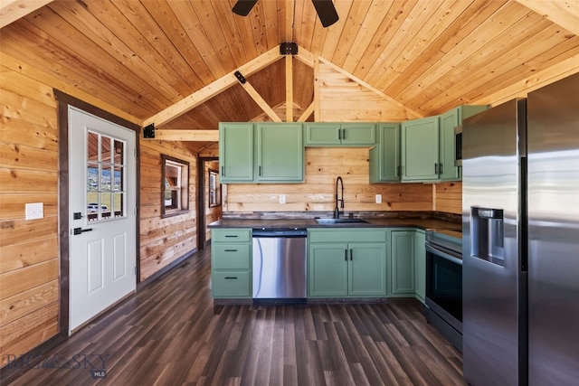 209 W Madison St, Virginia City, MT 59755 - kitchen featuring appliances with stainless steel finishes, wood walls, wooden ceiling, dark countertops, and a ceiling fan