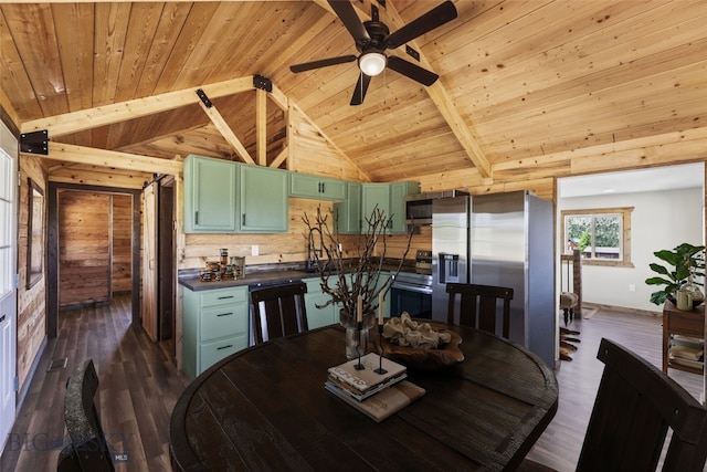 209 W Madison St, Virginia City, MT 59755 - dining room featuring wood ceiling, wooden walls, dark wood finished floors, and ceiling fan
