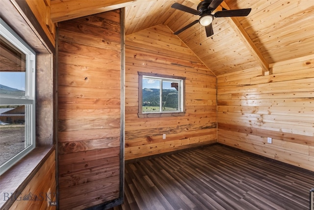 209 W Madison St, Virginia City, MT 59755 - spare room with wooden ceiling, lofted ceiling, wood walls, a sauna, and a ceiling fan