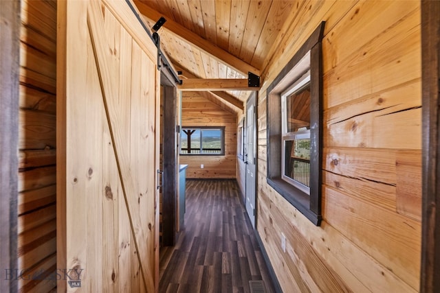 209 W Madison St, Virginia City, MT 59755 - hall featuring wooden walls, wood ceiling, dark wood-style flooring, and a barn door