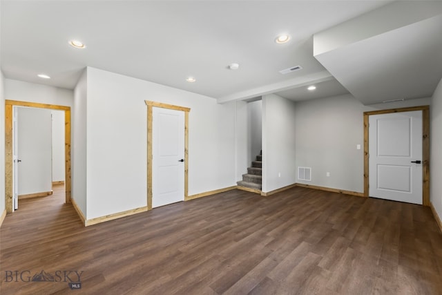 209 W Madison St, Virginia City, MT 59755 - spare room with dark wood-style flooring, stairway, and recessed lighting