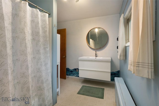 815 N Grand, Bozeman, MT 59715 - bathroom with vanity, tile patterned floors, and curtained shower