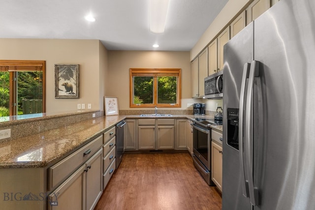 3300 E Graf Unit 26, Bozeman, MT 59715 - kitchen with stainless steel appliances, a peninsula, stone counters, recessed lighting, and dark wood-style flooring