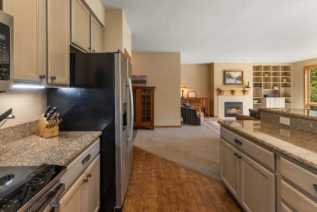 3300 E Graf Unit 26, Bozeman, MT 59715 - kitchen featuring a fireplace, open floor plan, stainless steel appliances, dark wood-style flooring, and stone countertops