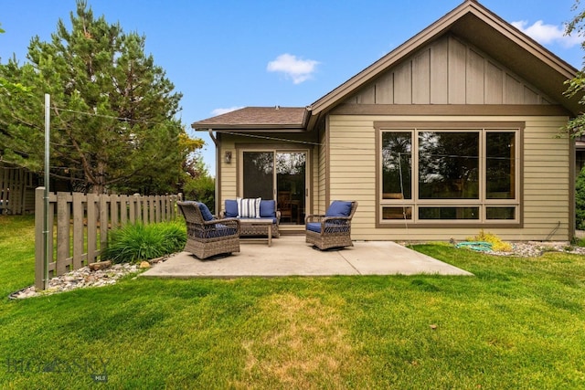 3300 E Graf Unit 26, Bozeman, MT 59715 - back of house featuring a patio area, an outdoor living space, and board and batten siding