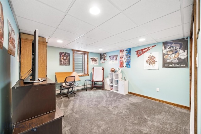 3011 Kossuth, Butte, MT 59701 - office with carpet floors, a baseboard radiator, a drop ceiling, and recessed lighting