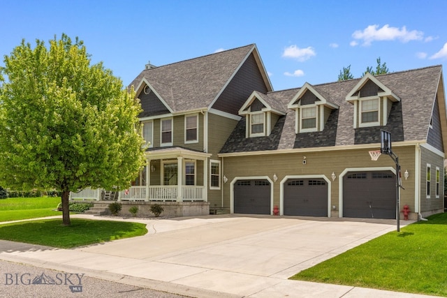 34 W Katina Ct, Bozeman, MT 59718 - view of front of home featuring covered porch, a front yard, an attached garage, and driveway