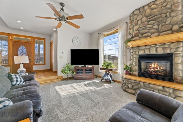 34 W Katina Ct, Bozeman, MT 59718 - carpeted living area with a fireplace, a ceiling fan, and recessed lighting