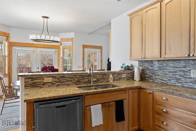 34 W Katina Ct, Bozeman, MT 59718 - kitchen featuring dishwasher, light brown cabinets, backsplash, and light stone countertops