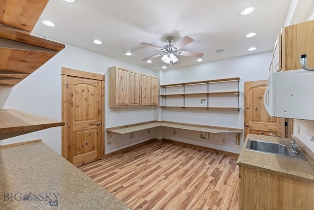 34 W Katina Ct, Bozeman, MT 59718 - kitchen with light brown cabinetry, light wood finished floors, a ceiling fan, recessed lighting, and open shelves