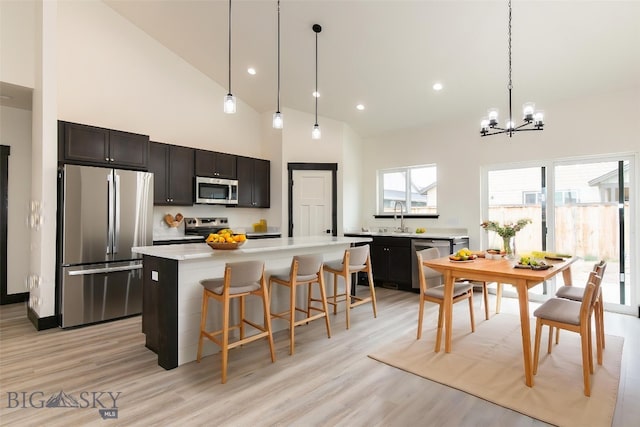 1511 Pistolero Way, Belgrade, MT 59714 - kitchen featuring stainless steel appliances, light countertops, a chandelier, light wood-style flooring, and pendant lighting