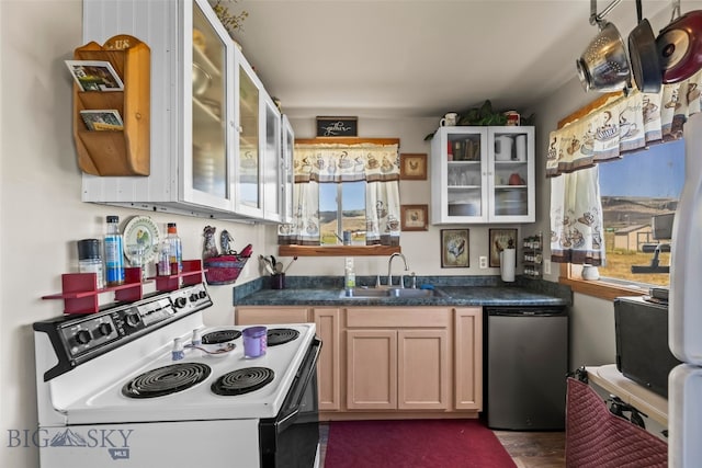 30 Hayfield Loop Trl, Ennis, MT 59729 - kitchen featuring white electric range, glass insert cabinets, dark countertops, dark wood-type flooring, and dishwasher