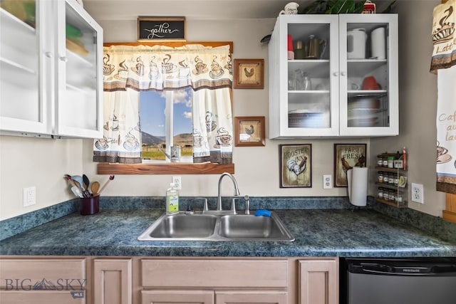 30 Hayfield Loop Trl, Ennis, MT 59729 - kitchen featuring stainless steel dishwasher, glass insert cabinets, and dark countertops