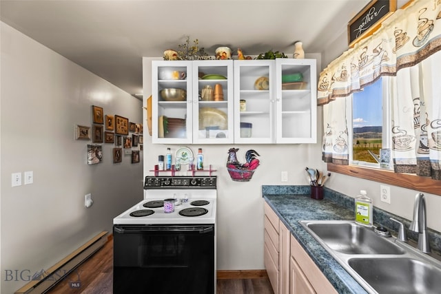 30 Hayfield Loop Trl, Ennis, MT 59729 - kitchen with white electric stove, baseboard heating, glass insert cabinets, and dark wood-style flooring