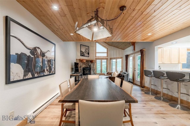 8 Ringneck Dr, Big Sky, MT 59716 - dining space featuring wood ceiling, a baseboard radiator, light wood-type flooring, recessed lighting, and lofted ceiling