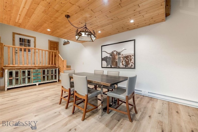 8 Ringneck Dr, Big Sky, MT 59716 - dining space featuring wood ceiling, stairs, wood finished floors, baseboard heating, and recessed lighting