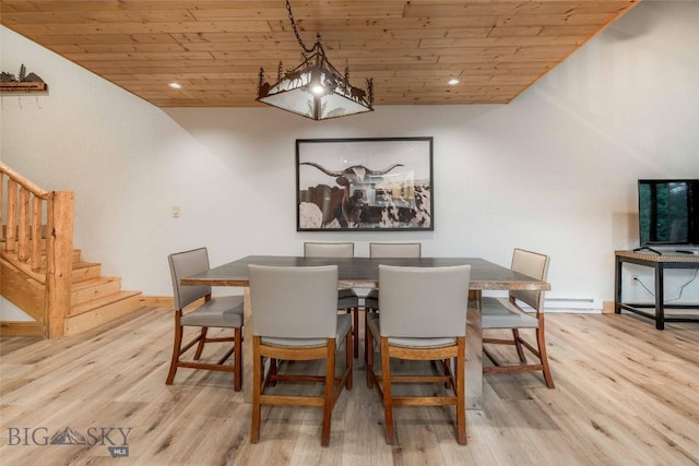 8 Ringneck Dr, Big Sky, MT 59716 - dining space featuring stairway, wood ceiling, light wood-type flooring, recessed lighting, and baseboard heating