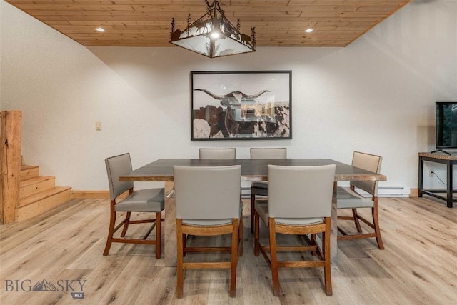 8 Ringneck Dr, Big Sky, MT 59716 - dining space with wood ceiling, wood finished floors, recessed lighting, and stairway