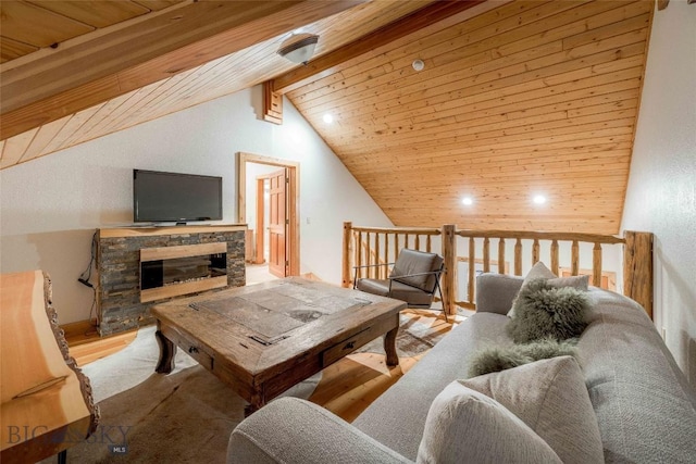 8 Ringneck Dr, Big Sky, MT 59716 - living area featuring wooden ceiling, wood finished floors, a fireplace, and recessed lighting
