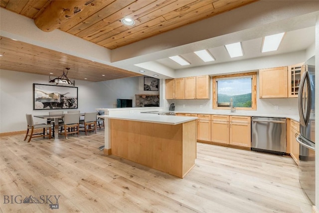 8 Ringneck Dr, Big Sky, MT 59716 - kitchen with light brown cabinetry, stainless steel appliances, wood ceiling, light wood finished floors, and light countertops