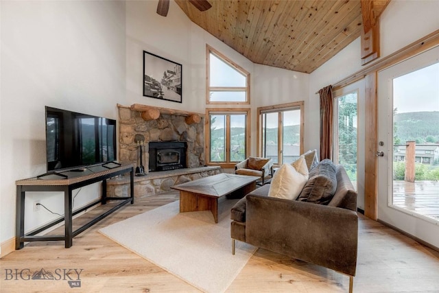 8 Ringneck Dr, Big Sky, MT 59716 - living room featuring a wood stove, wooden ceiling, light wood finished floors, high vaulted ceiling, and a ceiling fan