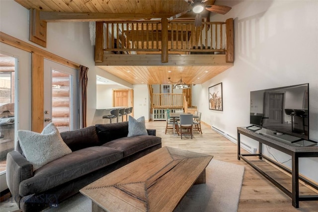 8 Ringneck Dr, Big Sky, MT 59716 - living area with high vaulted ceiling, ceiling fan, light wood finished floors, a wooden ceiling with exposed beams, and a chandelier