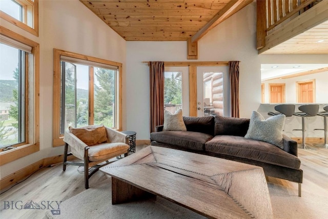8 Ringneck Dr, Big Sky, MT 59716 - living room with wooden ceiling, light wood finished floors, and high vaulted ceiling