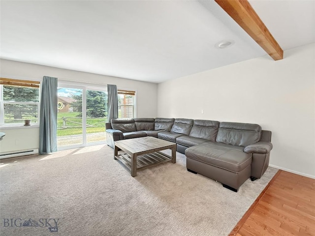 80 Aspen Leaf Dr Unit 7, Big Sky, MT 59716 - living area with wood finished floors, a baseboard heating unit, and beamed ceiling