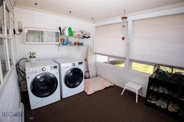 706 Locust St, Anaconda, MT 59711 - laundry area with washer and dryer, carpet floors, and a textured ceiling