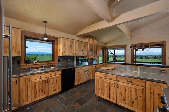 1520 Black Bull Trl, Bozeman, MT 59718 - kitchen featuring stainless steel countertops, black dishwasher, backsplash, and decorative light fixtures