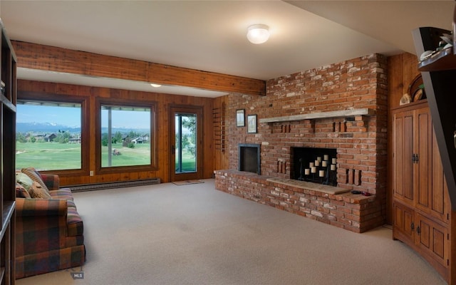 1520 Black Bull Trl, Bozeman, MT 59718 - living area with a baseboard radiator, light carpet, a brick fireplace, beamed ceiling, and wood walls