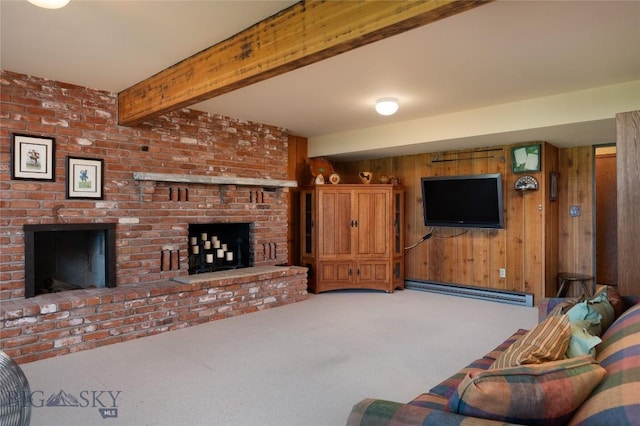 1520 Black Bull Trl, Bozeman, MT 59718 - living area with a brick fireplace, carpet, wooden walls, beamed ceiling, and a baseboard radiator