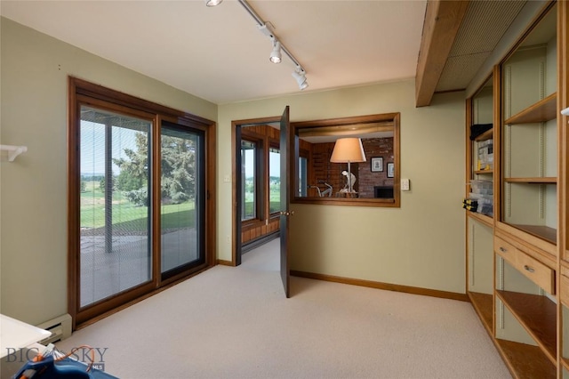 1520 Black Bull Trl, Bozeman, MT 59718 - doorway to outside with light colored carpet, a baseboard radiator, and track lighting