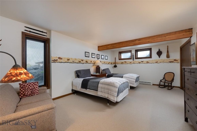 1520 Black Bull Trl, Bozeman, MT 59718 - carpeted bedroom featuring beam ceiling and a baseboard heating unit