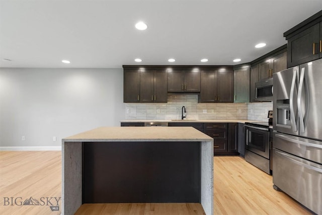 2757 Marlyn Ct Unit 1, Bozeman, MT 59718 - kitchen with appliances with stainless steel finishes, a center island, tasteful backsplash, light wood-style flooring, and recessed lighting