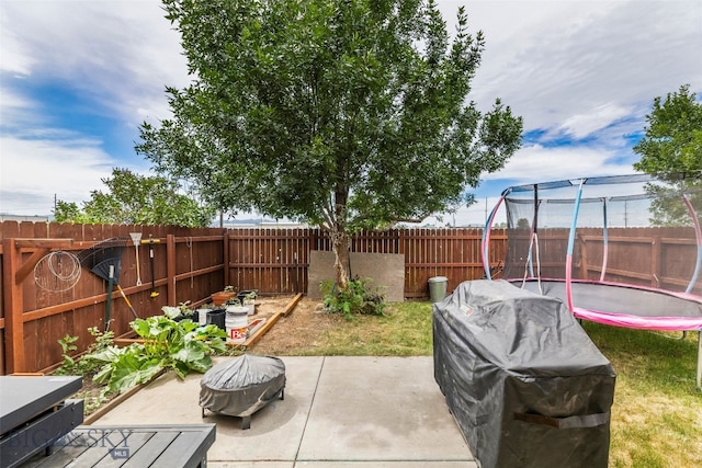 1110 Biehl Unit C, Belgrade, MT 59714 - fenced backyard featuring a trampoline, a patio, and a fire pit