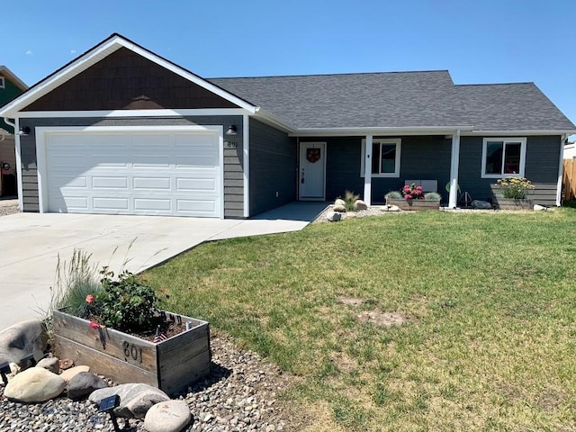 801 Pleiades Pl, Livingston, MT 59047 - ranch-style house with concrete driveway, an attached garage, a front lawn, and a shingled roof