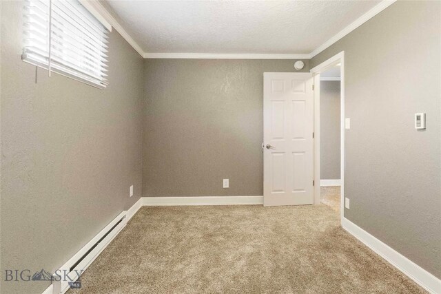 34 Mammoth Dr, Butte, MT 59701 - unfurnished room with crown molding, a baseboard radiator, carpet floors, and a textured wall