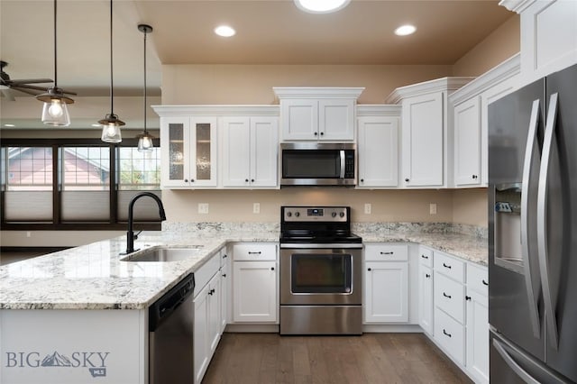 5479 Annie St, Bozeman, MT 59718 - kitchen with appliances with stainless steel finishes, a peninsula, white cabinets, glass insert cabinets, and dark wood-type flooring