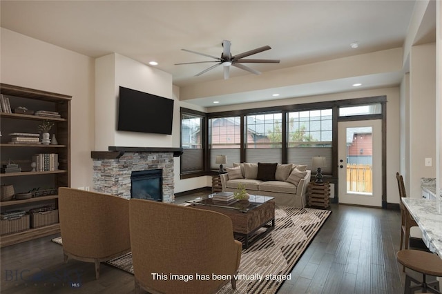 5479 Annie St, Bozeman, MT 59718 - living area featuring ceiling fan, a fireplace, healthy amount of natural light, dark wood-style flooring, and recessed lighting