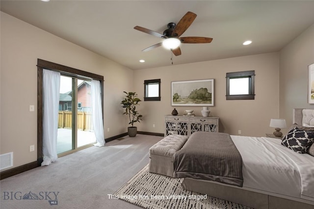 5479 Annie St, Bozeman, MT 59718 - bedroom featuring access to outside, light colored carpet, multiple windows, recessed lighting, and ceiling fan