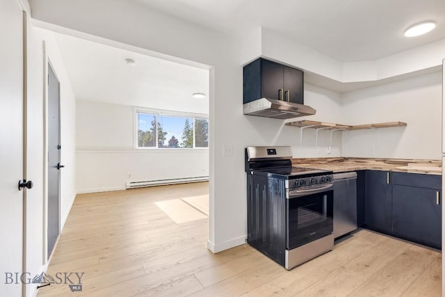 1714 S 19th Ave, Bozeman, MT 59718 - kitchen featuring stainless steel appliances, baseboard heating, wall chimney exhaust hood, light wood finished floors, and open shelves