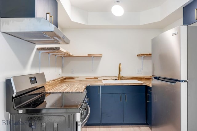 1714 S 19th Ave, Bozeman, MT 59718 - kitchen featuring stainless steel appliances, open shelves, exhaust hood, and blue cabinets
