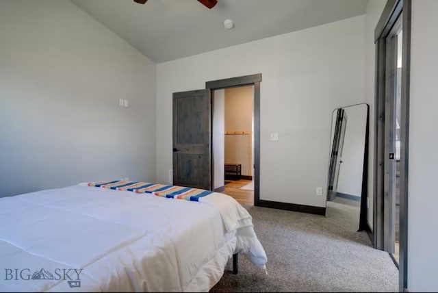 421 Otis Ave, Ennis, MT 59729 - carpeted bedroom featuring lofted ceiling, ceiling fan, and connected bathroom