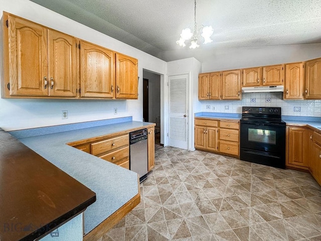 1716 S Rouse, Bozeman, MT 59715 - kitchen with black range with electric cooktop, a chandelier, tasteful backsplash, pendant lighting, and a textured ceiling