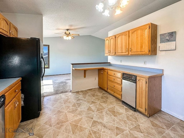 1716 S Rouse, Bozeman, MT 59715 - kitchen with freestanding refrigerator, vaulted ceiling, ceiling fan, a peninsula, and light countertops