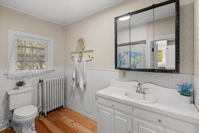 606 S Washington St, Dillon, MT 59725 - full bathroom with radiator heating unit, wainscoting, wood finished floors, vanity, and ornamental molding