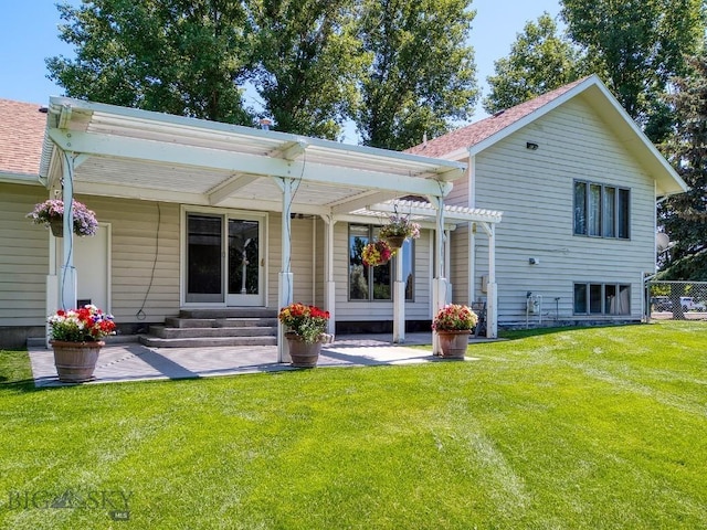 353 Sacajawea Peak Dr, Bozeman, MT 59718 - back of house featuring entry steps, a patio, a shingled roof, and a pergola