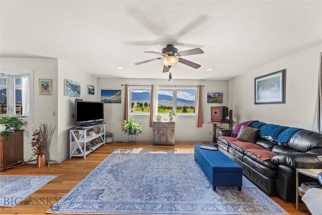 818 N 13th St, Livingston, MT 59047 - living room featuring ceiling fan, light wood-style flooring, and recessed lighting